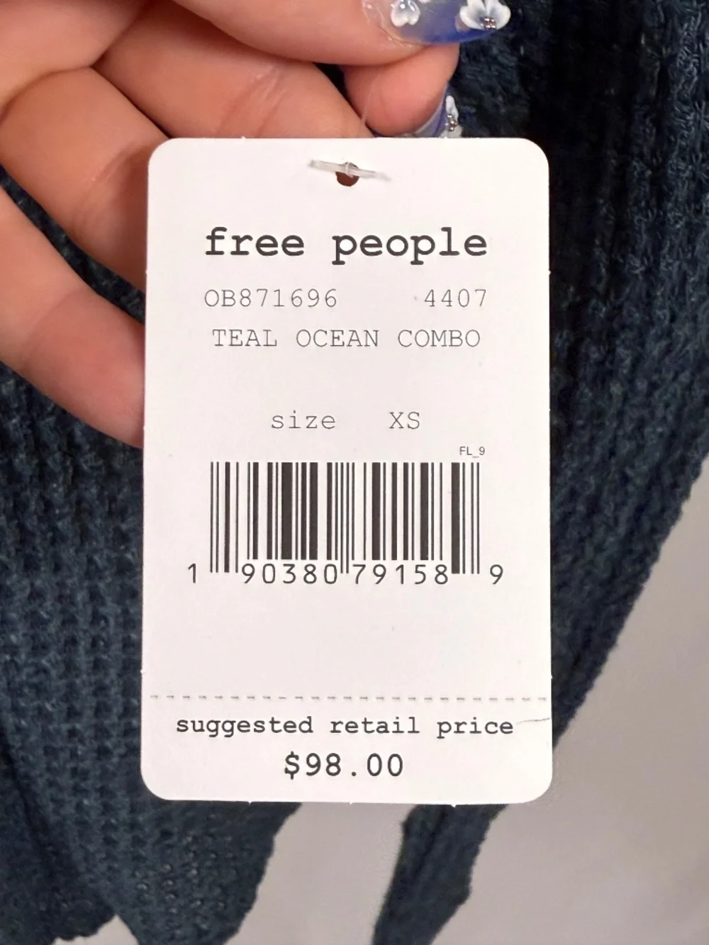 Free People Snowflake Sweater Teal Ocean Black Knit NWT XS